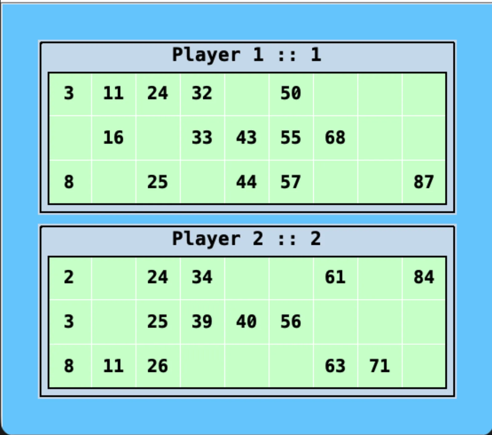 Two randomly generated Tambola tickets, one for each player
