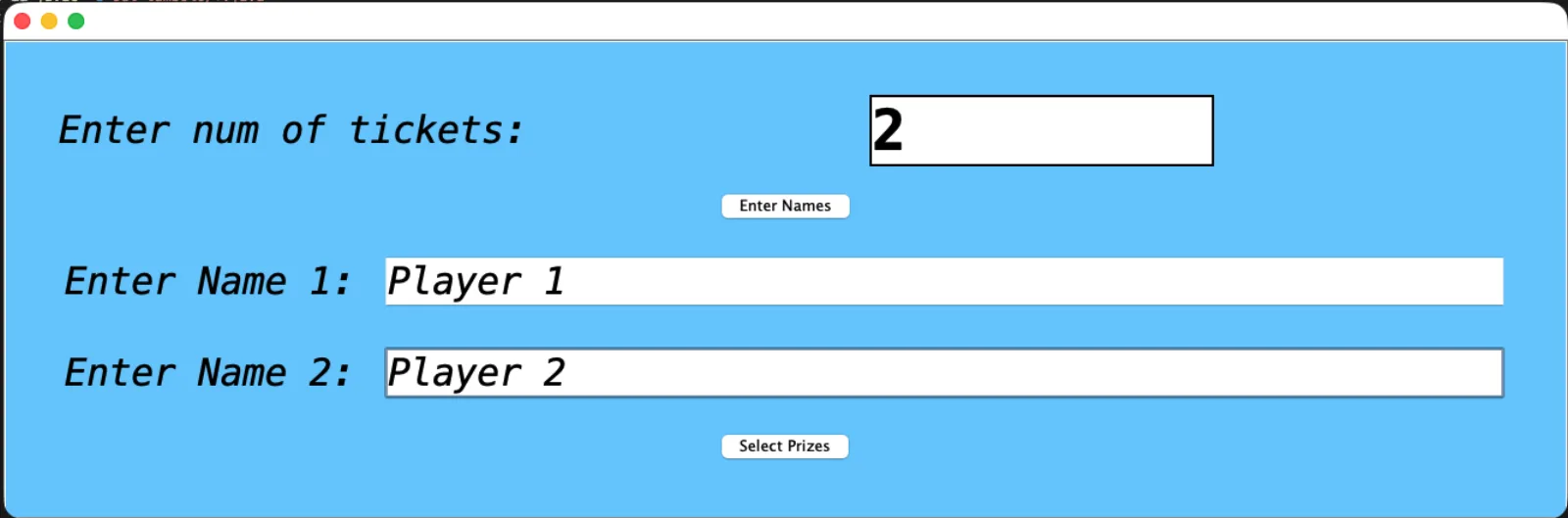 Tambola app player set-up: number of tickets and a name for each player