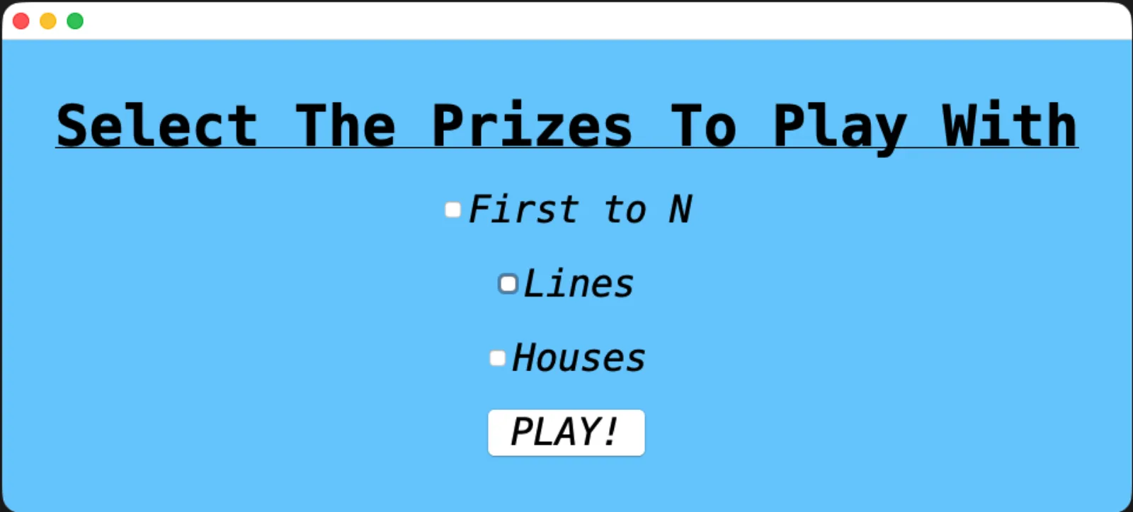 Tambola prize selection screen with First to N, Lines and Houses