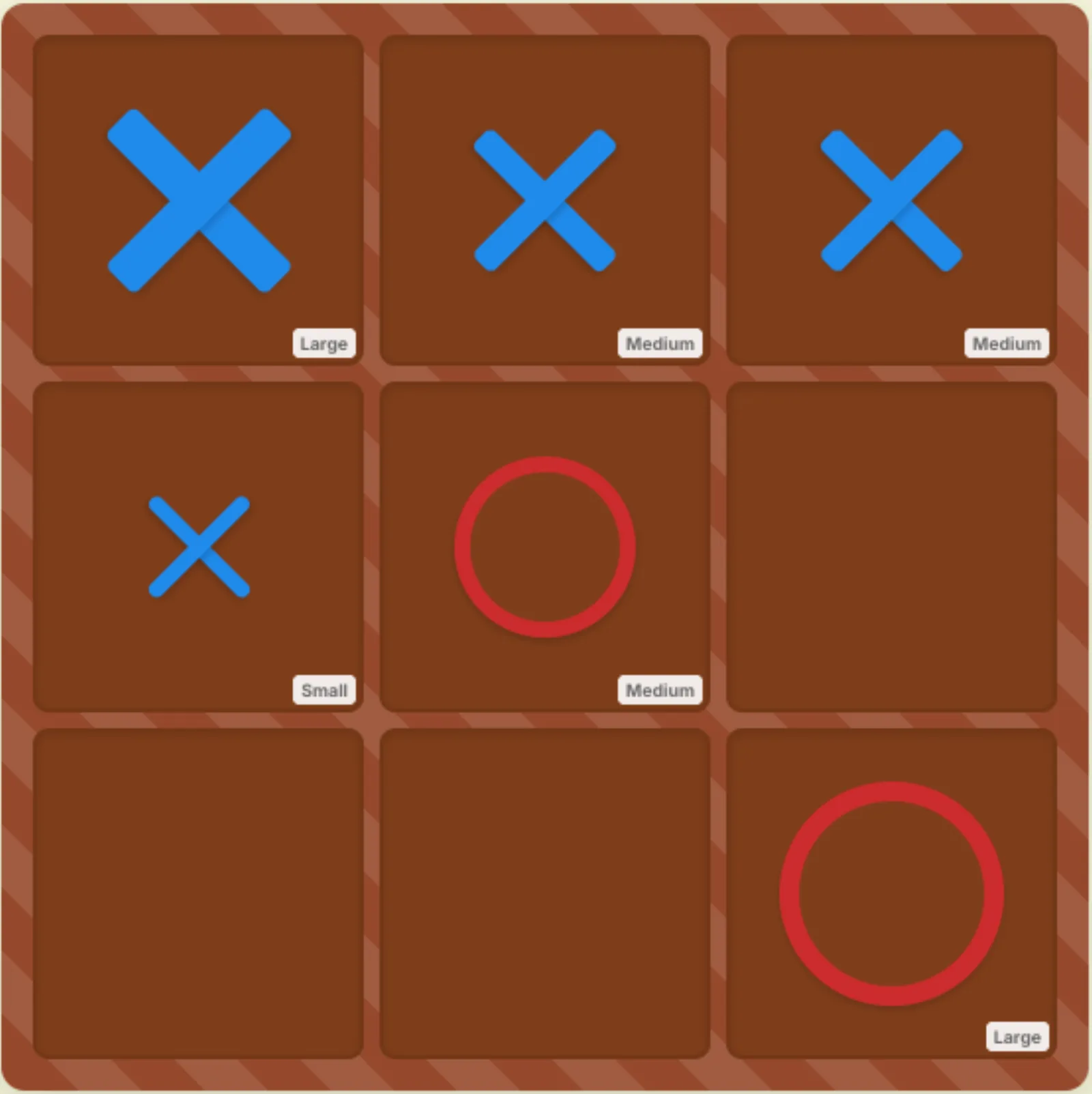 Stack mode on Classic Games Hub: large, medium and small pieces labelled on each square