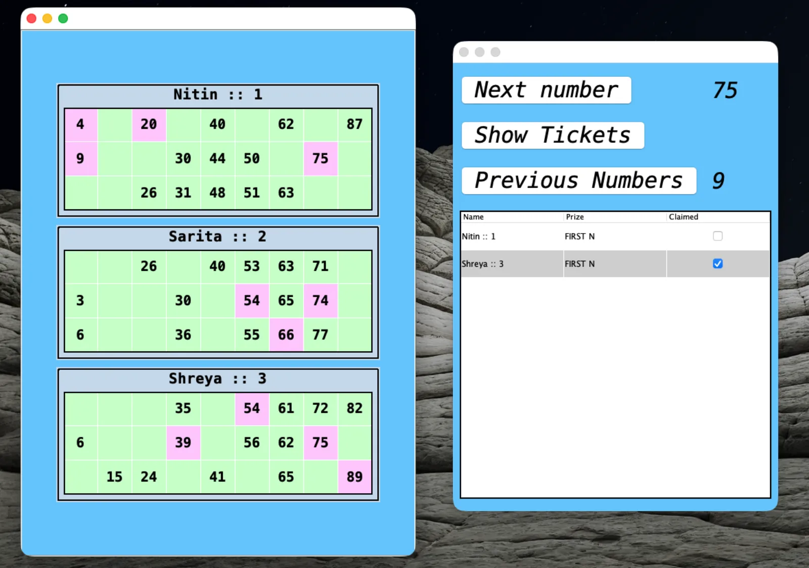 Tambola app mid-game: three players’ tickets with called numbers highlighted, next to the number caller and claims table