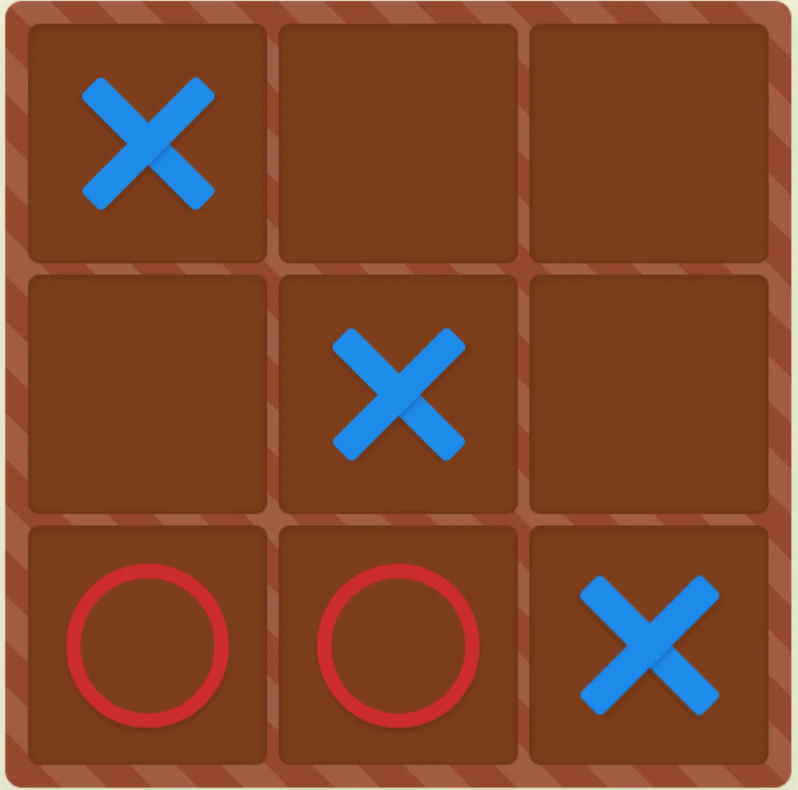 A Classic Games Hub board: blue X and red O pieces on a wooden 3×3 grid