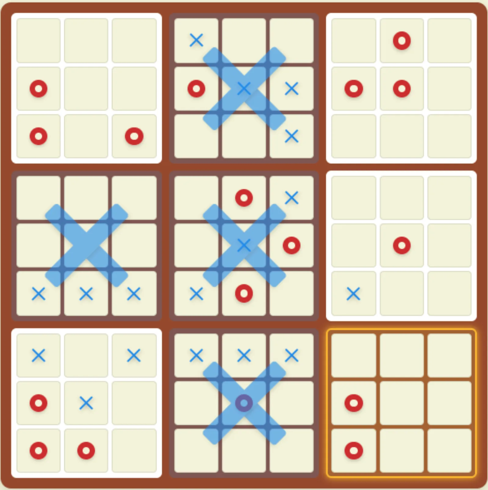 Ultimate mode on Classic Games Hub: nine small boards, some claimed by a large X, one highlighted as the next to play