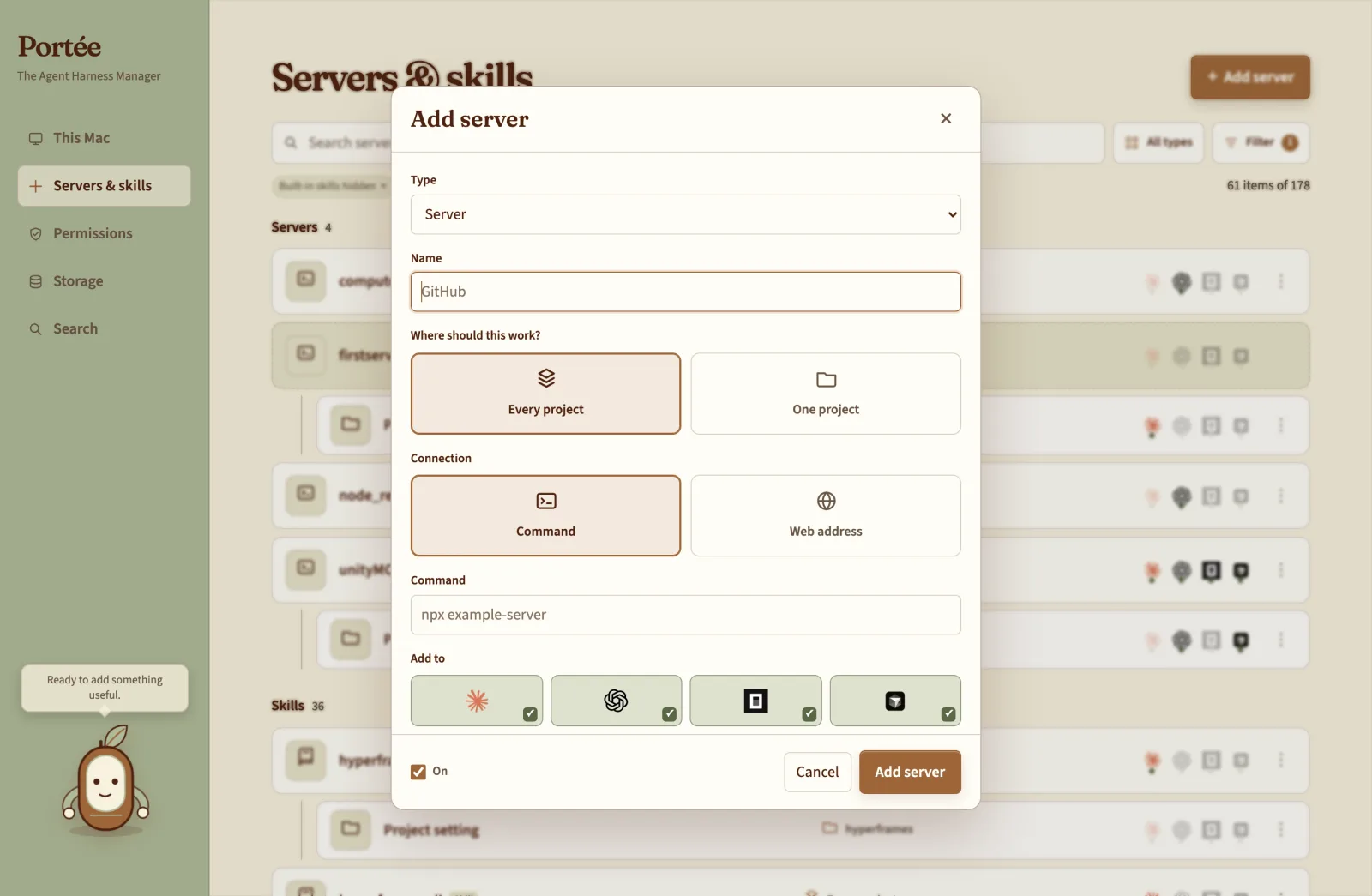 Adding an MCP server once in Portée and choosing which coding agents to sync it to