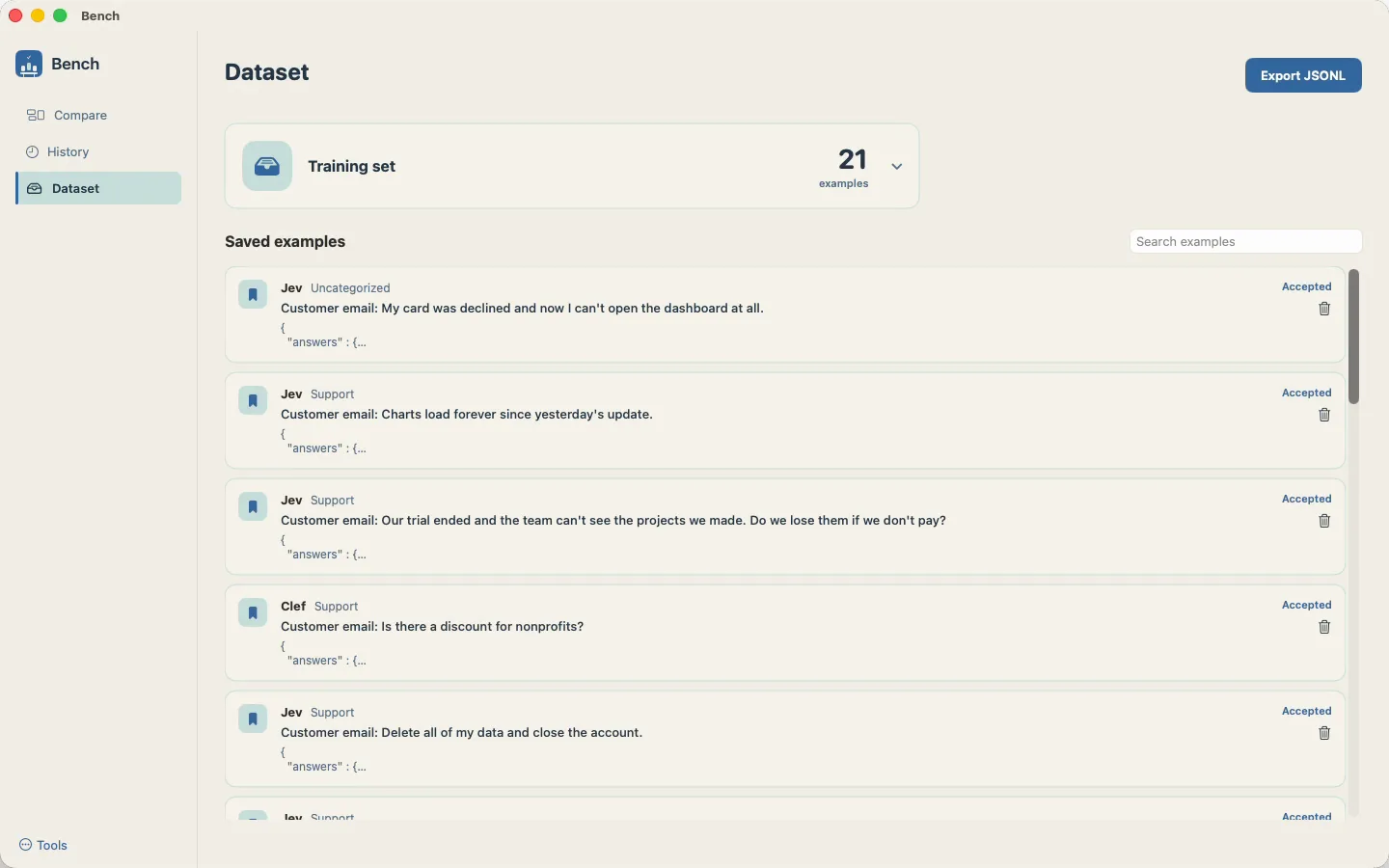 The Bench training set of 21 approved examples, ready to export as JSONL