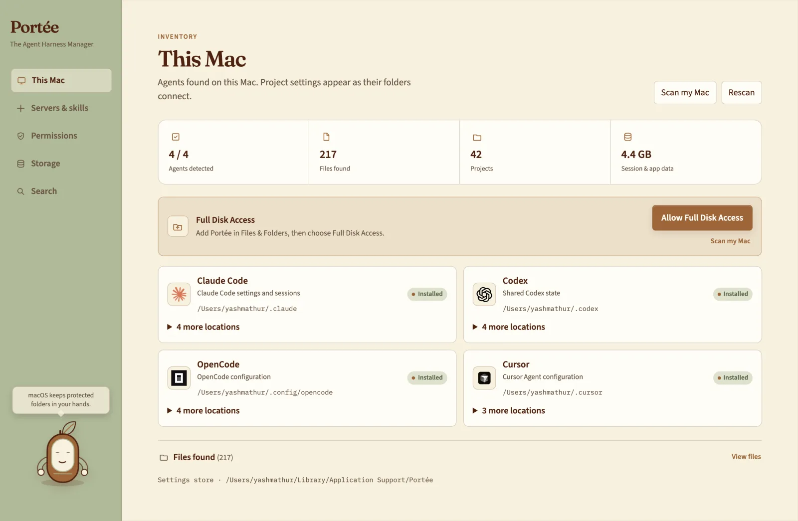 Portée's This Mac page listing the detected coding agents and their locations