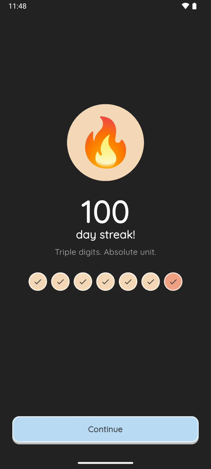 Increzio celebrating a 100-day streak in dark mode