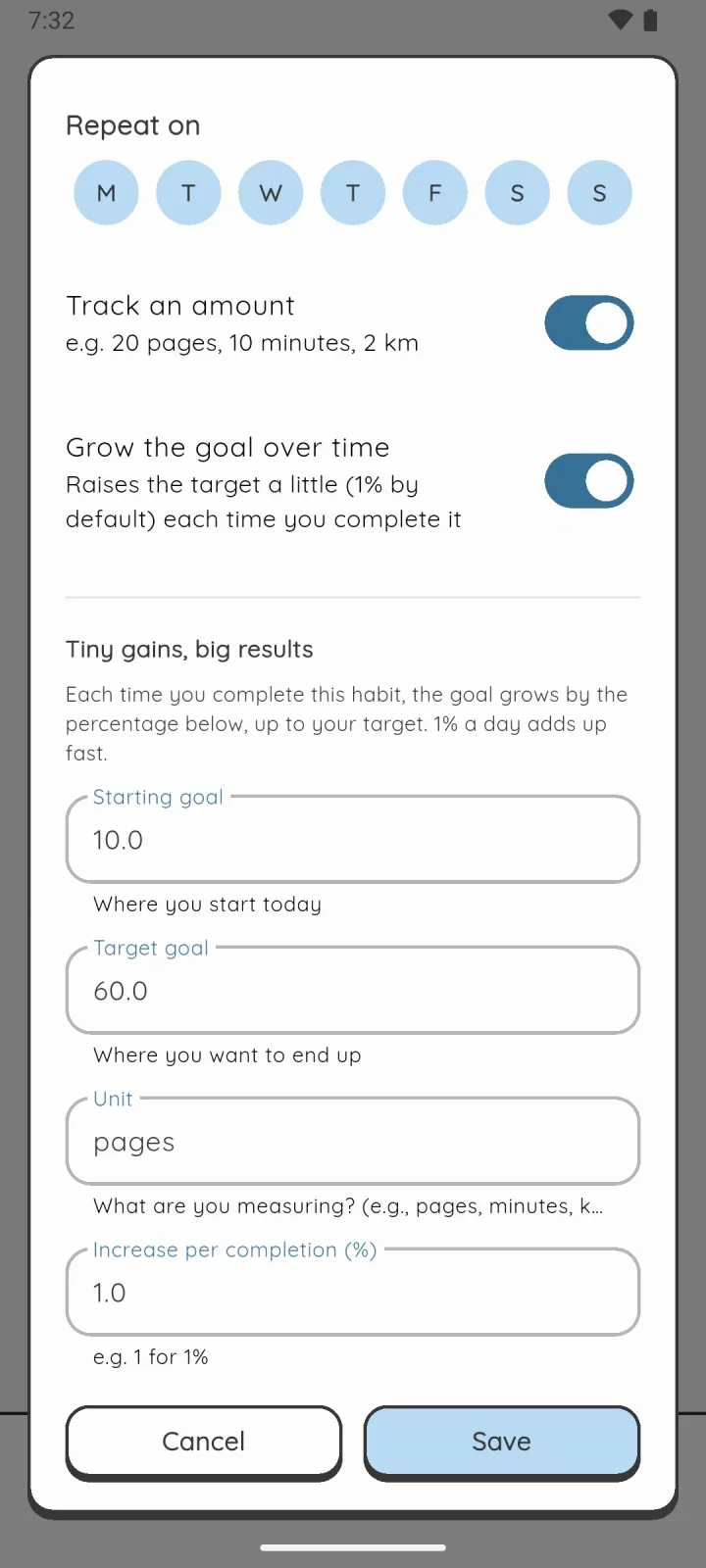 Editing a habit in Increzio: track an amount and grow the goal over time, from 10 to 60 pages at 1% per completion