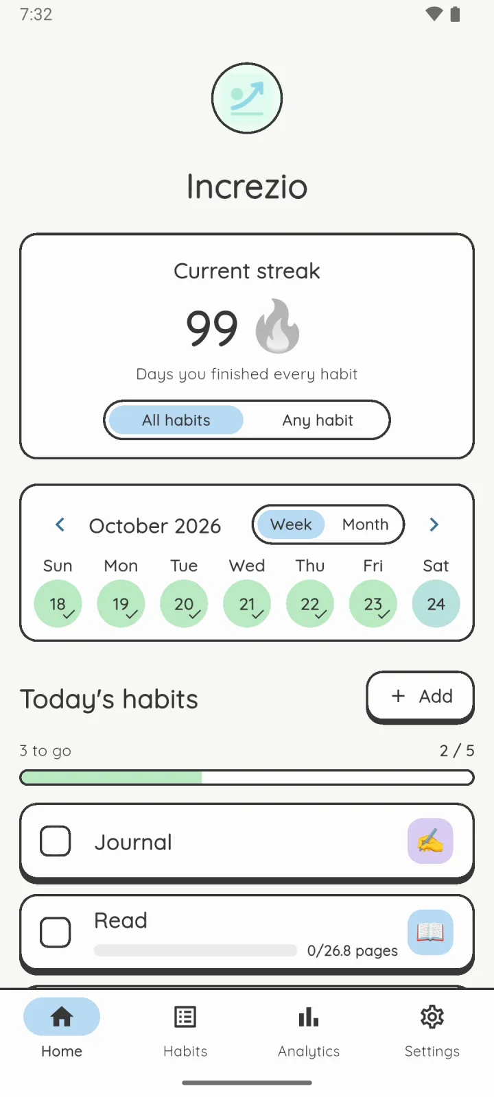 Increzio home in light mode: a 99-day streak, the week's calendar and today's habits