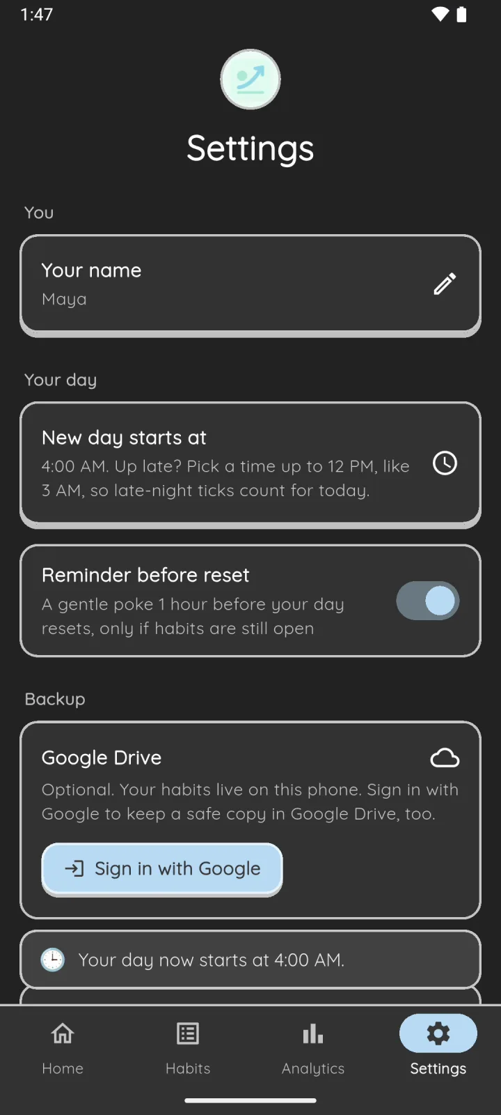 Increzio settings in dark mode: new day starts at 4:00 AM, with a reminder before reset