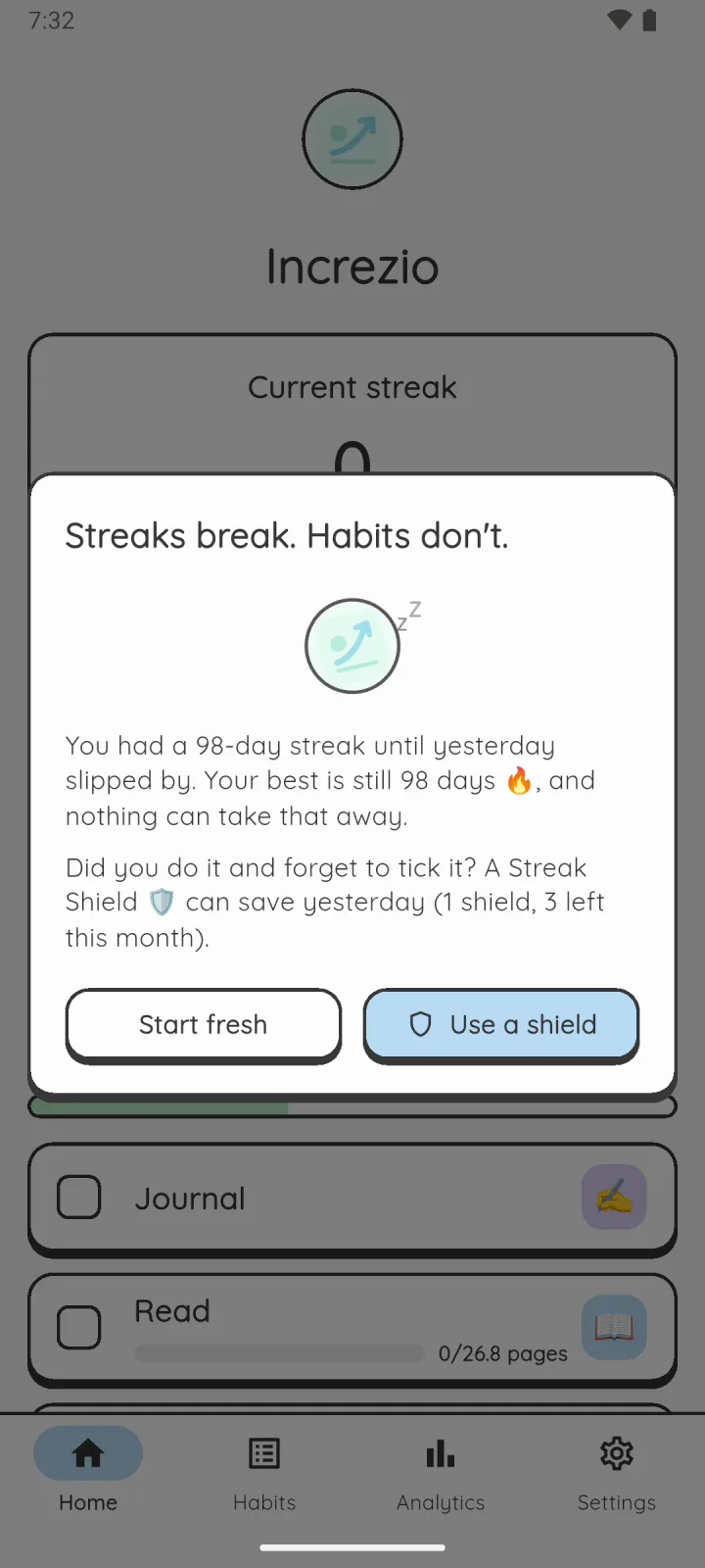Increzio offering a Streak Shield to save a 98-day streak after a missed tick