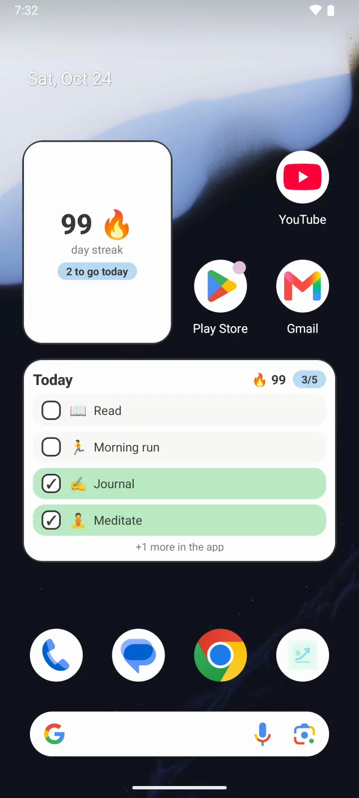 Increzio home screen widgets on Android: a 99-day streak and a Today list with Journal and Meditate ticked off