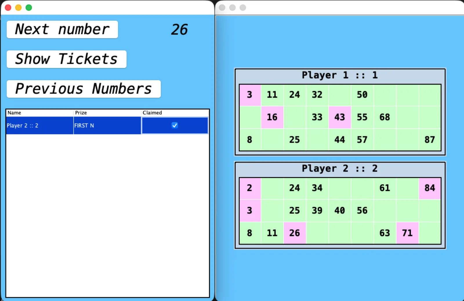 Claims table showing Player 2 winning First N, with their ticket highlighted