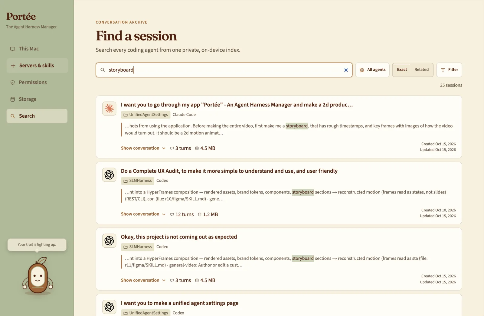 Searching past coding-agent sessions across Claude Code, Codex, Cursor and OpenCode in Portée