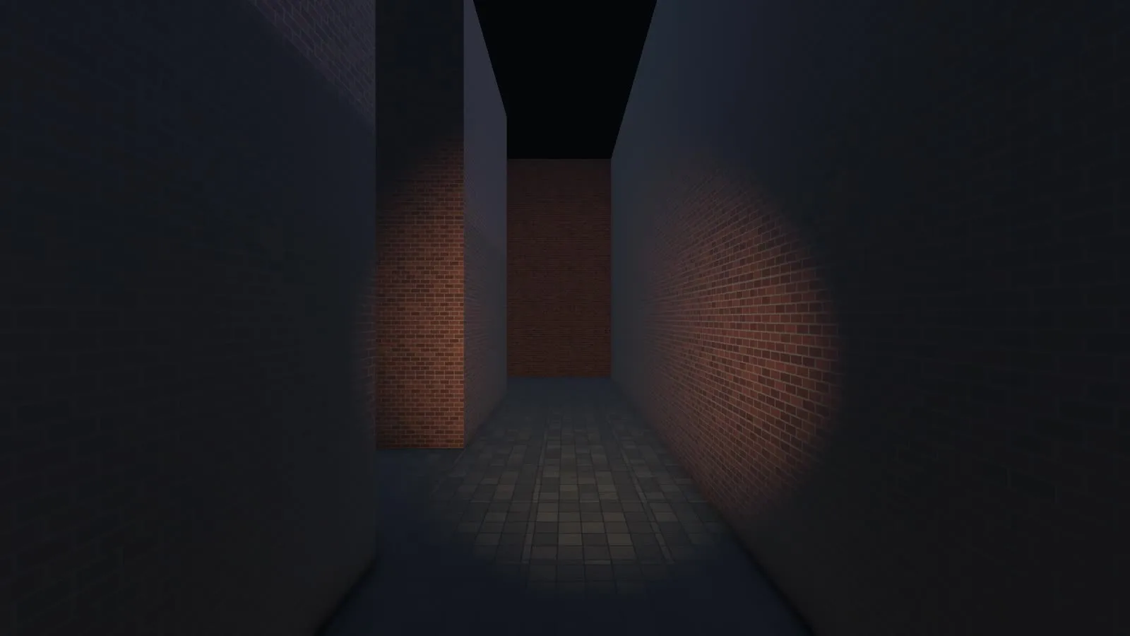 A dark brick corridor on a haunted level of The Garden Maze, lit only by a flashlight